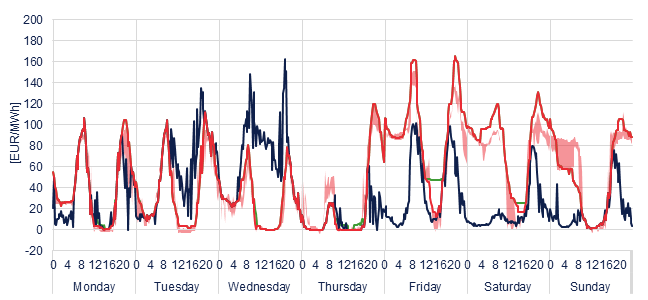 Weekly evolution of the hourly price of the Day-ahead and Intraday Market (DAM and IM)