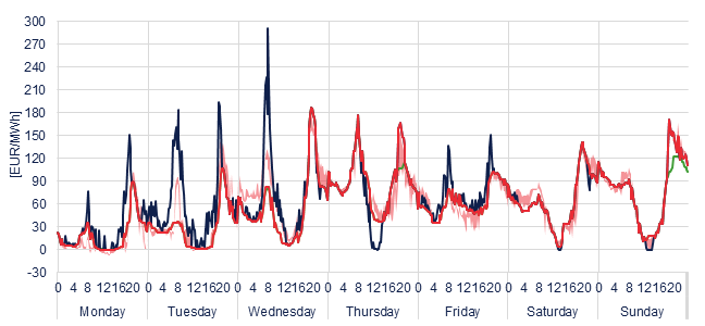 Weekly evolution of the hourly price of the Day-ahead and Intraday Market (DAM and IM)