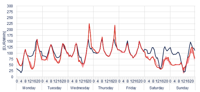 Weekly evolution of the hourly price of the Day-ahead and Intraday Market (DAM and IM)