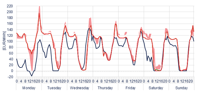 Weekly evolution of the hourly price of the Day-ahead and Intraday Market (DAM and IM)