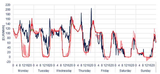 Weekly evolution of the hourly price of the Day-ahead and Intraday Market (DAM and IM)