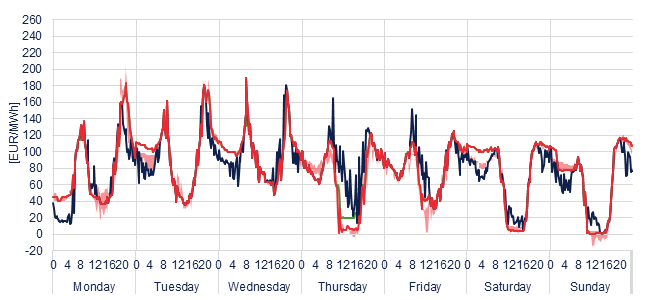 Weekly evolution of the hourly price of the Day-ahead and Intraday Market (DAM and IM)