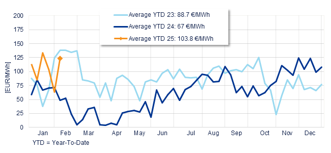 Annual evolution of the average weekly price of the Spanish Daily Market