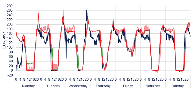 Weekly evolution of the hourly price of the Day-ahead and Intraday Market (DAM and IM)