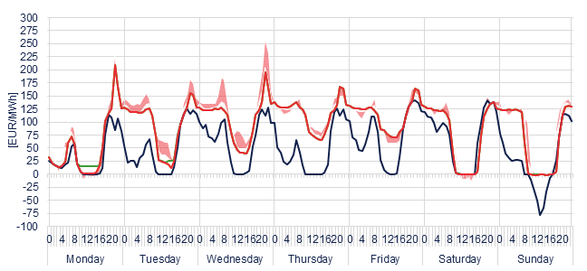Weekly evolution of the hourly price of the Day-ahead and Intraday Market (DAM and IM)
