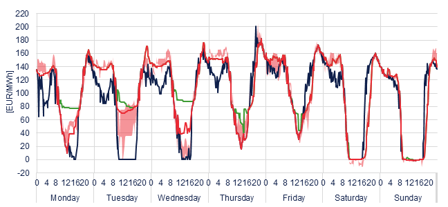Weekly evolution of the hourly price of the Day-ahead and Intraday Market (DAM and IM)