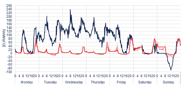 Weekly evolution of the hourly price of the Day-ahead and Intraday Market (DAM and IM)