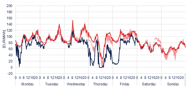 Weekly evolution of the hourly price of the Day-ahead and Intraday Market (DAM and IM)