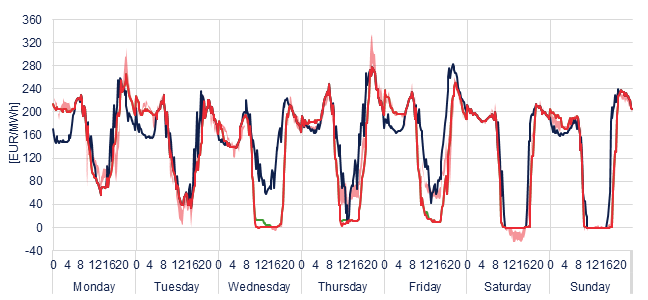 Weekly evolution of the hourly price of the Day-ahead and Intraday Market (DAM and IM)