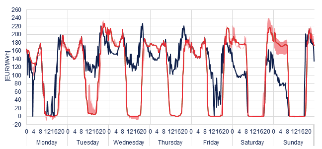 Weekly evolution of the hourly price of the Day-ahead and Intraday Market (DAM and IM)