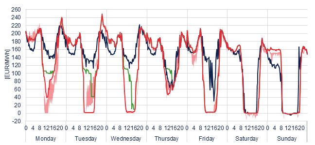 Weekly evolution of the hourly price of the Day-ahead and Intraday Market (DAM and IM)