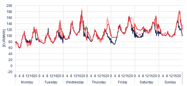 Weekly evolution of the hourly price of the Day-ahead and Intraday Market (DAM and IM)